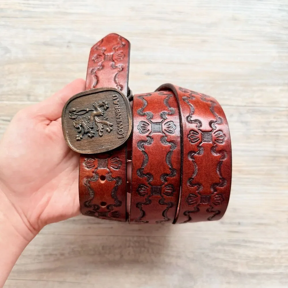Vintage Lowenbrau Beer Leather Belt Size 36 Embossed Western Brass Buckle Miller